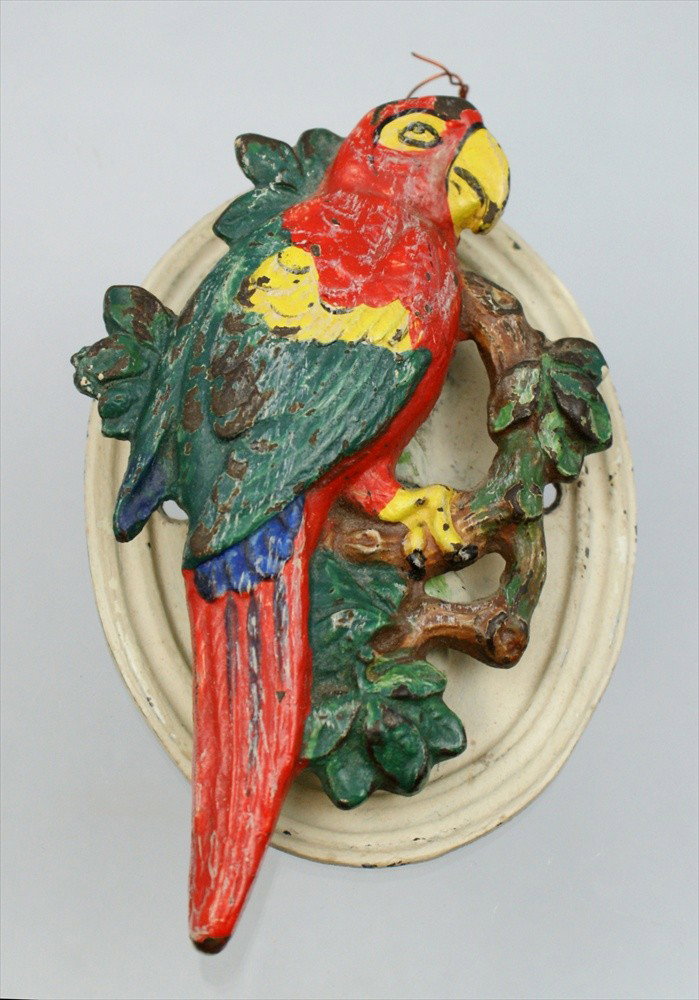 Hubley Cast Iron Parrot on Branch Knocker, Red, Gr: Hubley Cast Iron Parrot on Branch Knocker, Red, Green,Yellow wings, 3-7/8" x 2-7/8", light wear.
