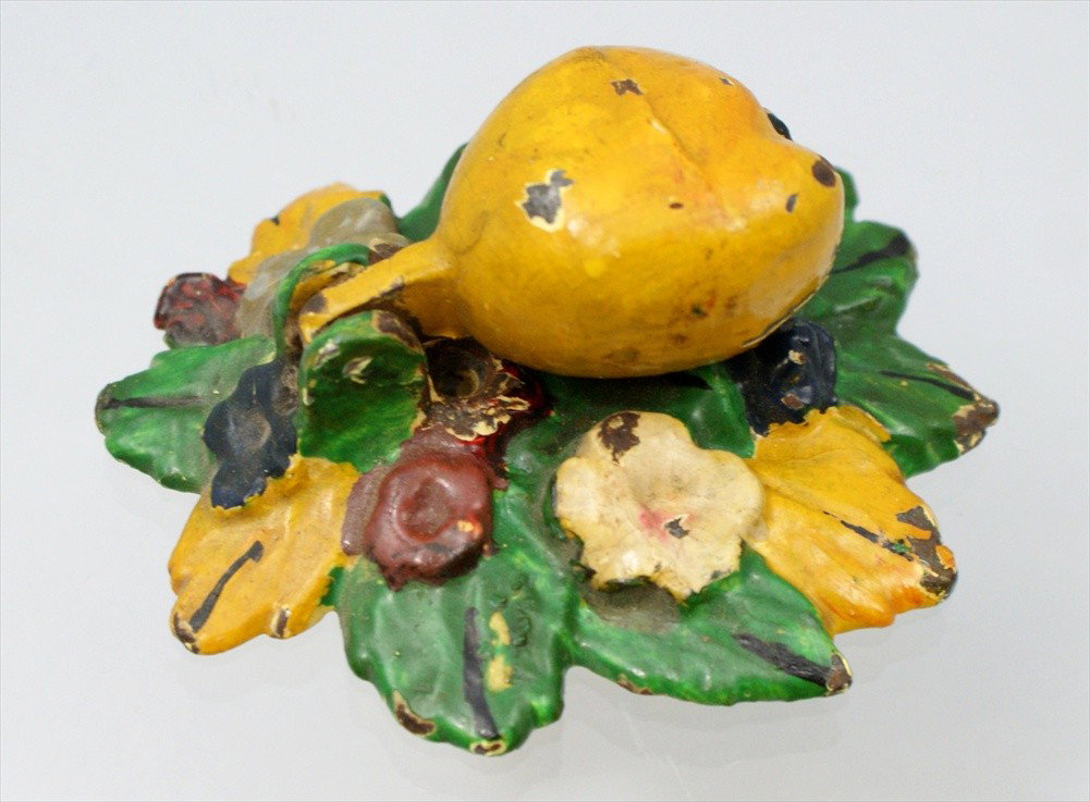 Rare Hubley Cast Iron Pear Knocker, floral backgro: Rare Hubley Cast Iron Pear Knocker, floral background, 3-1/4" h, minor paint chips.
