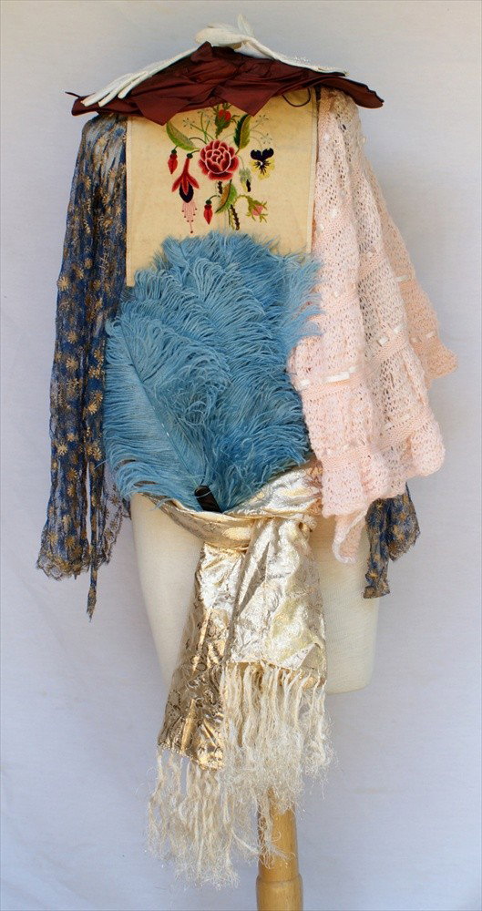 Vintage Clothing Accessories, 1920's blue and tan : Vintage Clothing Accessories, 1920's blue and tan lace jacket, peach knitted shawl, white and gold scarf, maroon Kresge hat, white evening gloves with pearls, blue feather fan, embroidered flowers on 