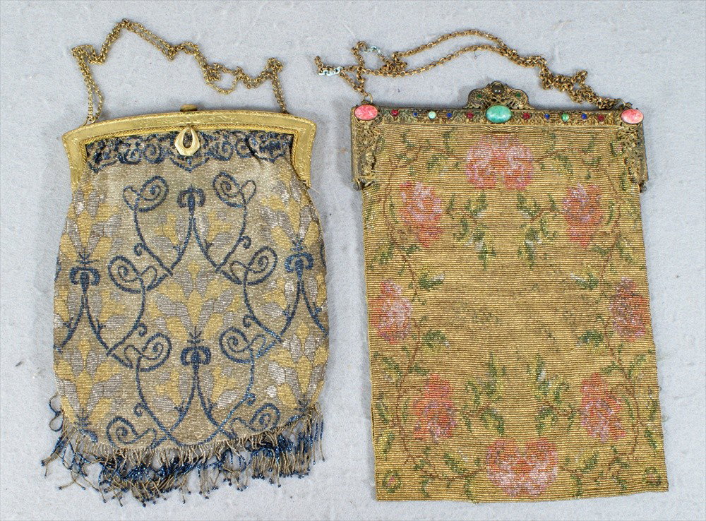 2 Finely Beaded Framed Purses, Art Nouveau design 9: 2 Finely Beaded Framed Purses, Art Nouveau design 9" long and Pink Roses on gold, jeweled frame, 11" long, rip by frame.