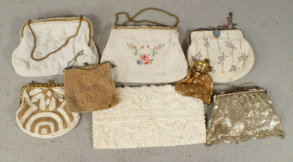 8 Beaded or Mesh Purses, Whiting & Davis silver col: 8 Beaded or Mesh Purses, Whiting & Davis silver colored mesh bag, and small gold colored bag, and pearl beaded bag, and white and pearl framed bag, and mini bead white with purple flowers framed bag, 