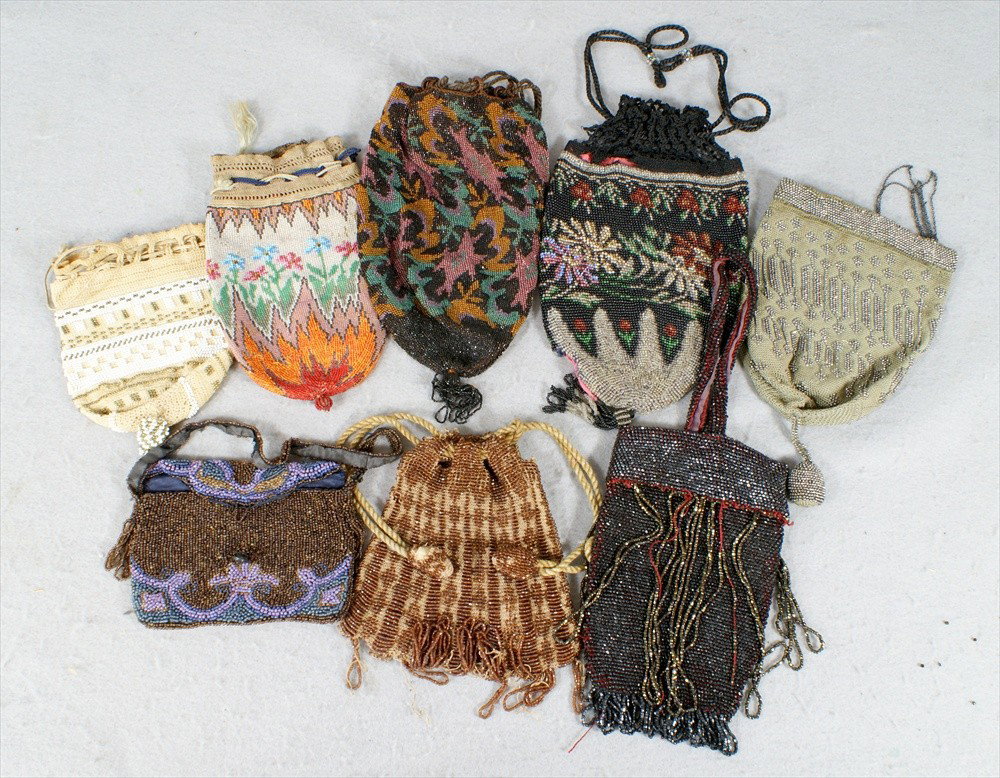 8 Beaded Bag Purses, Black metallic beads flapper b: 8 Beaded Bag Purses, Black metallic beads flapper bag, Brown and purple clutch, Brown flapper bag, Black with floral pattern, hole, Black with abstract design, Silver beads on gray background with cha