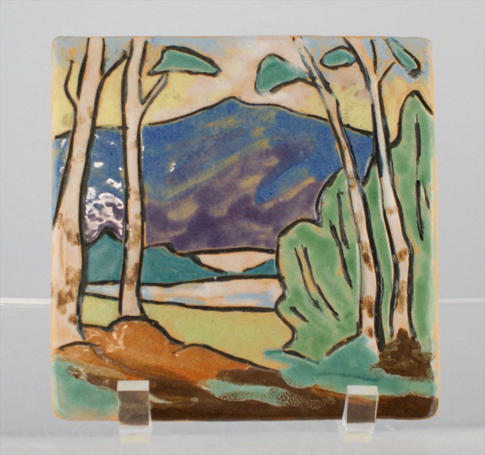 Paul Revere Pottery Tea Tile, Boston & Brighton M: Paul Revere Pottery Tea Tile, Boston & Brighton Massachuseets, c1920, decorated with incised landscape and multicolored glazes, signed PRP, 5-3/4" square.