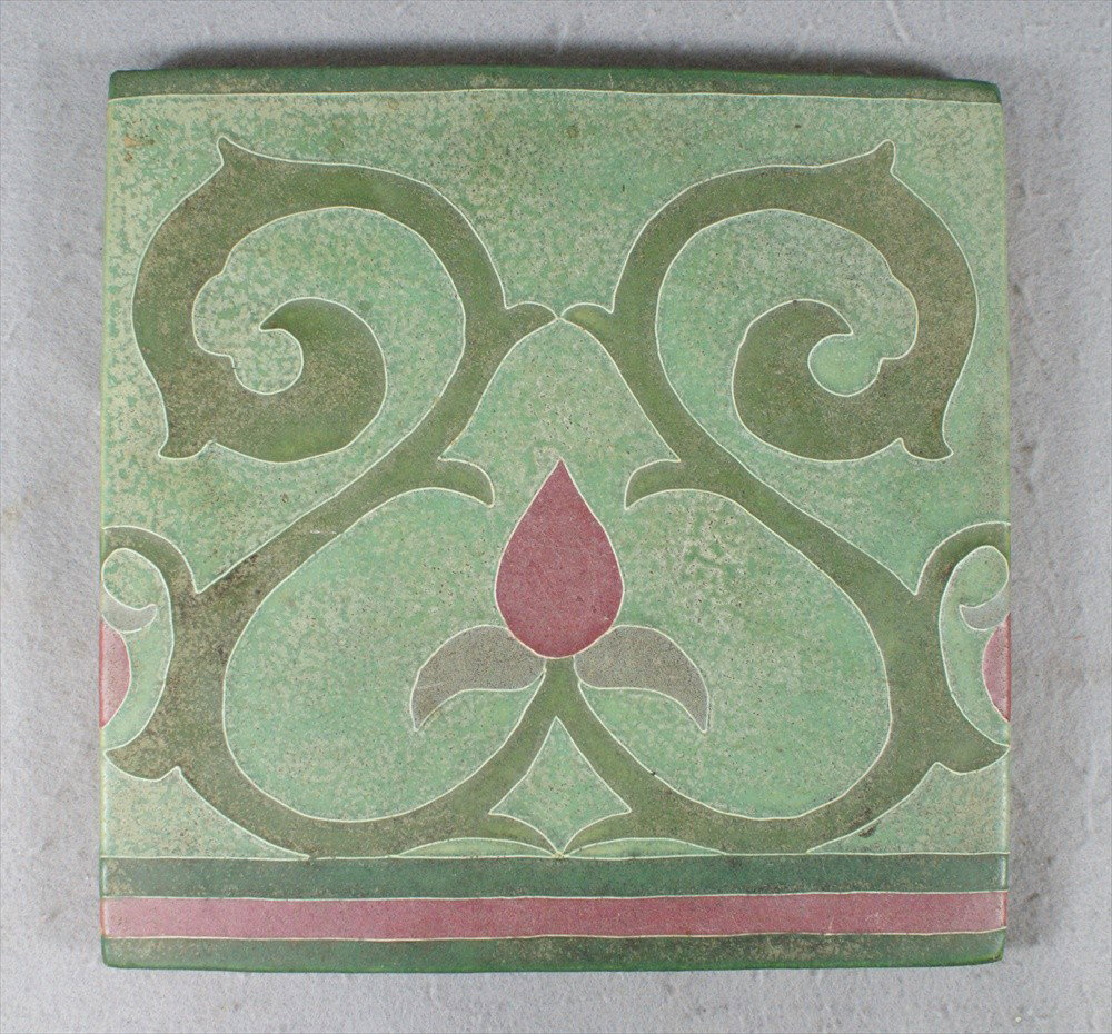 Owens Pottery Arts & Crafts Architectural Tile, c1: Owens Pottery Arts & Crafts Architectural Tile, c1905, green, purple, and gray glazes, impressed OWENS on back, 11-3/4" square, uninstalled condition.