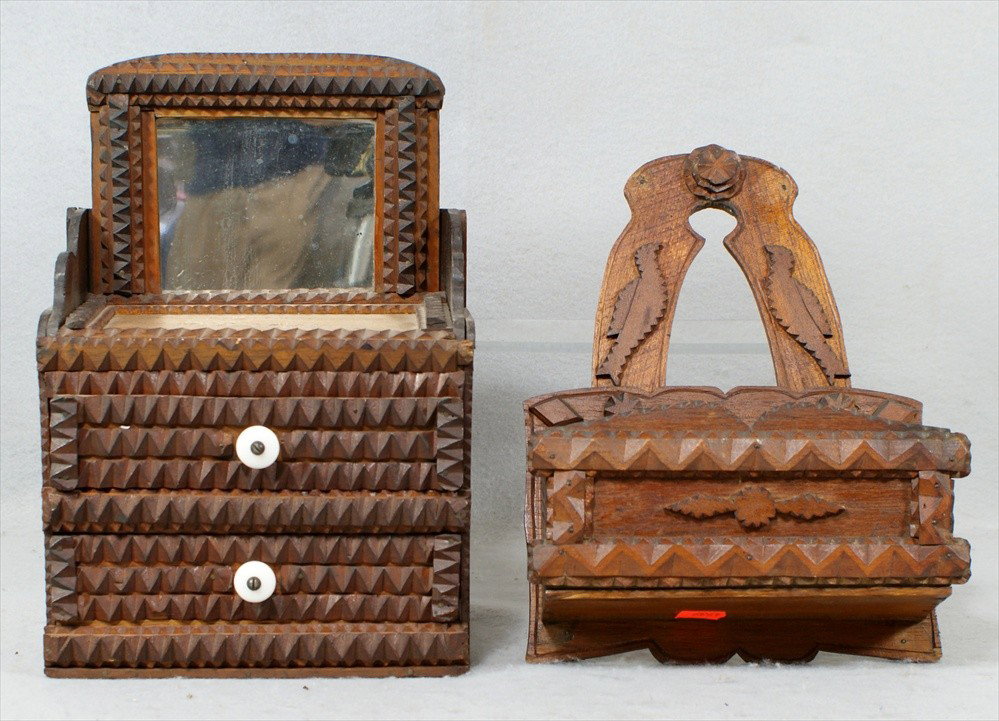 Folk Tramp Art Dresser Box and Letter Holder, dres: Folk Tramp Art Dresser Box and Letter Holder, dresser with mirror over two drawers, 12" h, letter holder with bird and star decoration, marked Factory No 37 9th Dist PA, 11-1/2" h.