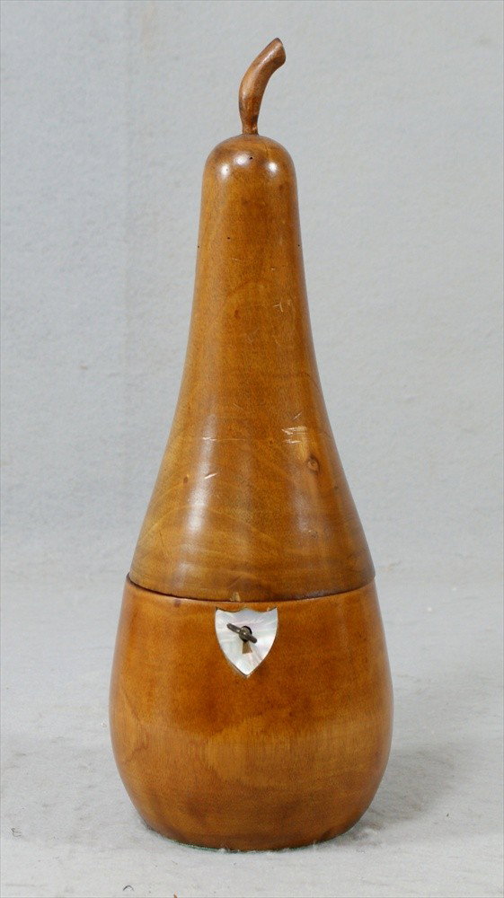 Elongated Pear Tea Caddy, 20th C, mother of pearl: Elongated Pear Tea Caddy, 20th C, mother of pearl escutcheon, with key, 13-1/2" h.