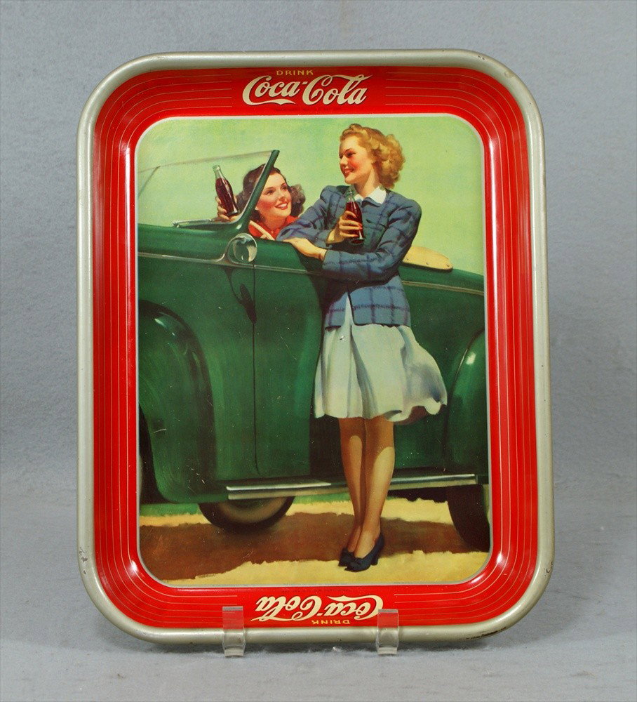 Drink Coca-Cola Adverting Tray, Two girls by gree: Drink Coca-Cola Adverting Tray, Two girls by green car, copyright Coca-Cola Co 1942, The American Art Works In, Coshocton, Ohio, Made in USA, 13" x 10-1/4".