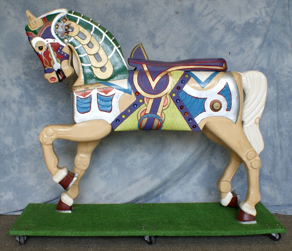 Large Carousel Horse, White horse, purple seat, 20: Large Carousel Horse, White horse, purple seat, 20th C, 5' 2" h, 43" to seat, base cart on wheels is 2' by 6', missing stone on right side and front of head.