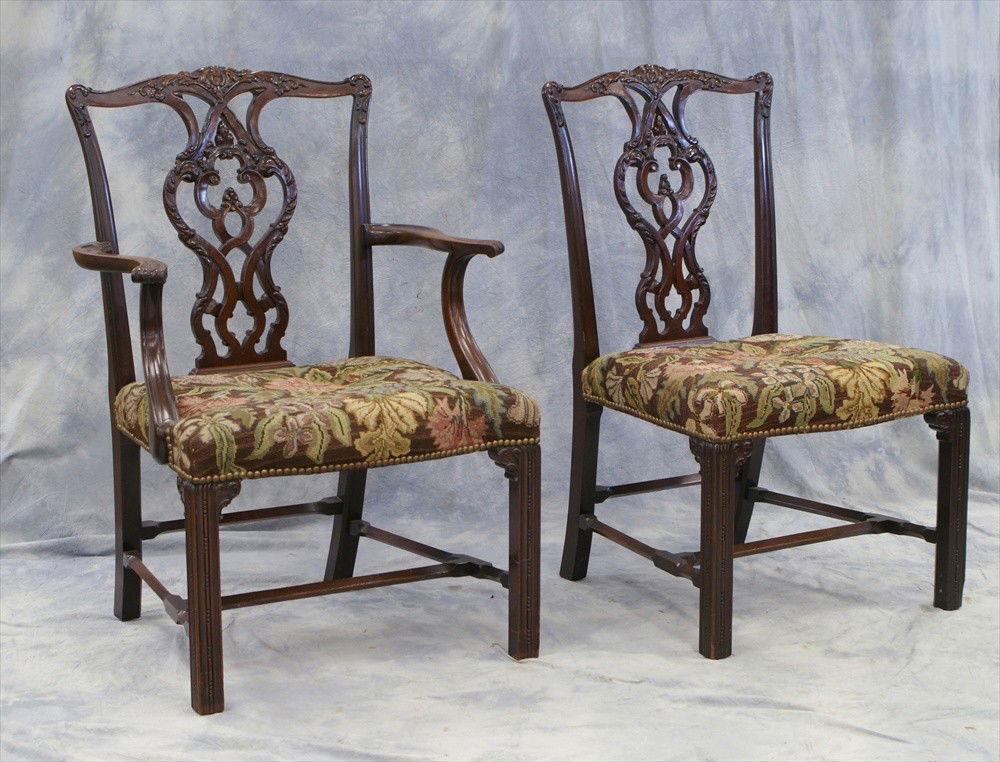 6 Chippendale Chairs, Westing Evans & Egmore, Phil: 6 Chippendale Chairs, Westing Evans & Egmore, Philadelphia, early 20th C, 36-1/2" h, 23" w, 21" d, one side chair missing cross stretcher, one armchair with broken back.