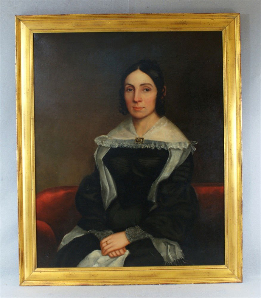 Unsigned Portrait of Mary Lockwood Hilton who marr: Unsigned Portrait of Mary Lockwood Hilton who married Edward Hilton Oct 26, 1820, family plot located in Sound Beach, CT, O/C, 36" x 29", relined.