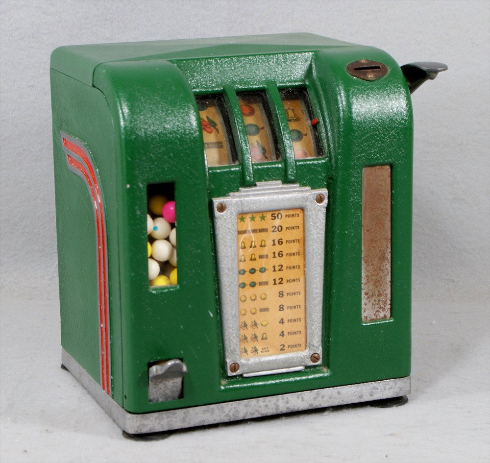Gumball Slot Machine, green metal, takes a penny, : Gumball Slot Machine, green metal, takes a penny, with old gumballs, 10-1/2" h, 8" x 9" base, working.