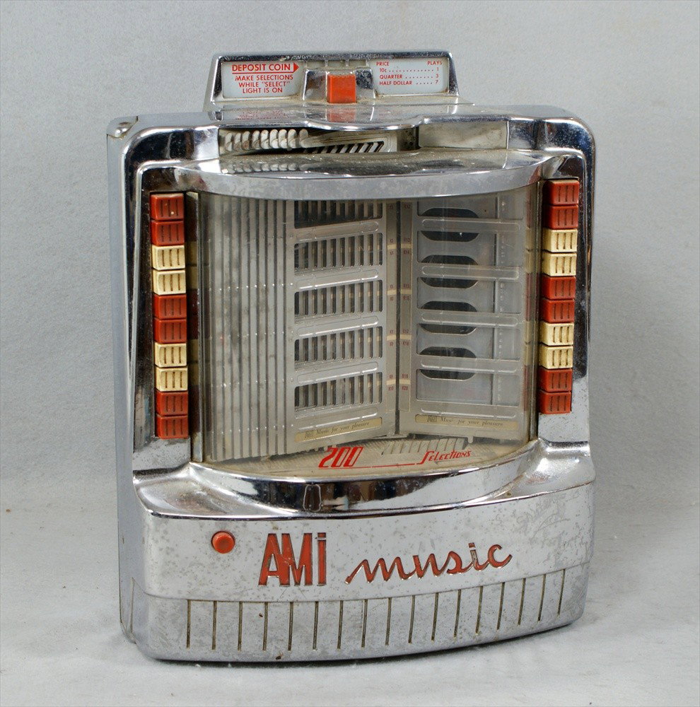 AMI Music Coin Operated Remote Chrome Jukebox 200: AMI Music Coin Operated Remote Chrome Jukebox, 200 selections, c1956, no key, 15-1/2" h.