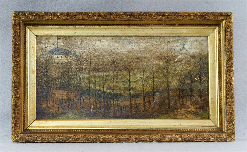 J? De Haas, American, 19th C, Plantation house in : J? De Haas, American, 19th C, Plantation house in forest, O/C, 8-1/2" x 17", Signed LR, rip, scratched, dirty.