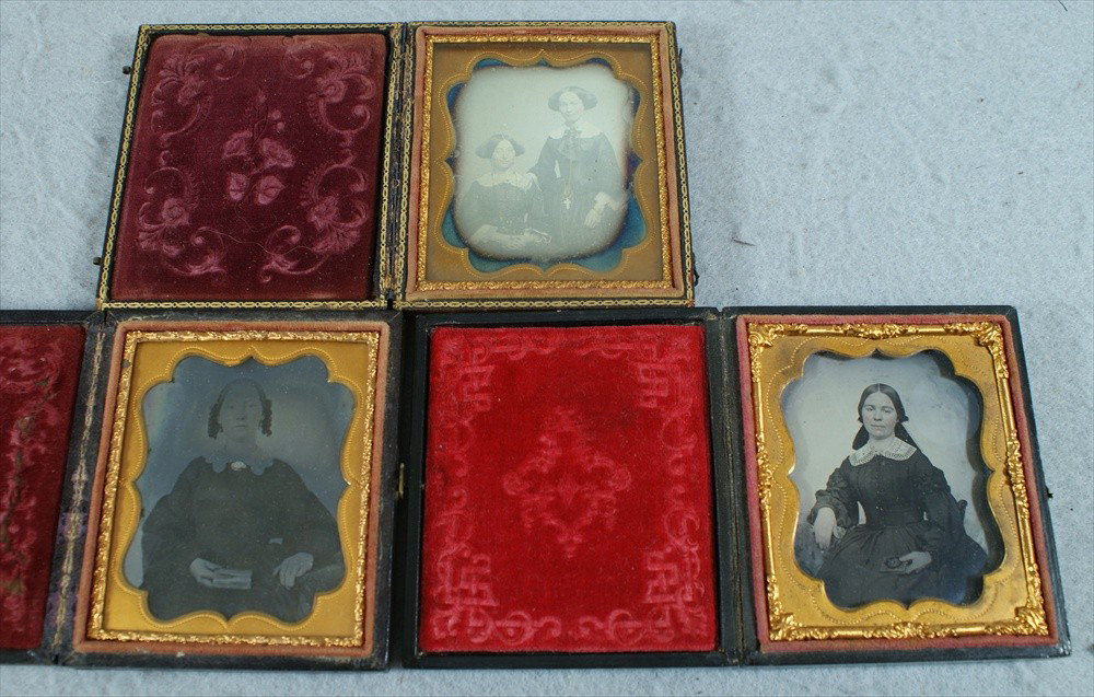 3 Early Images, Two women with necklaces, one wear: 3 Early Images, Two women with necklaces, one wearing a cross, Daguerreotype, and woman holding book, tintype, and woman holding book, ambrotype.