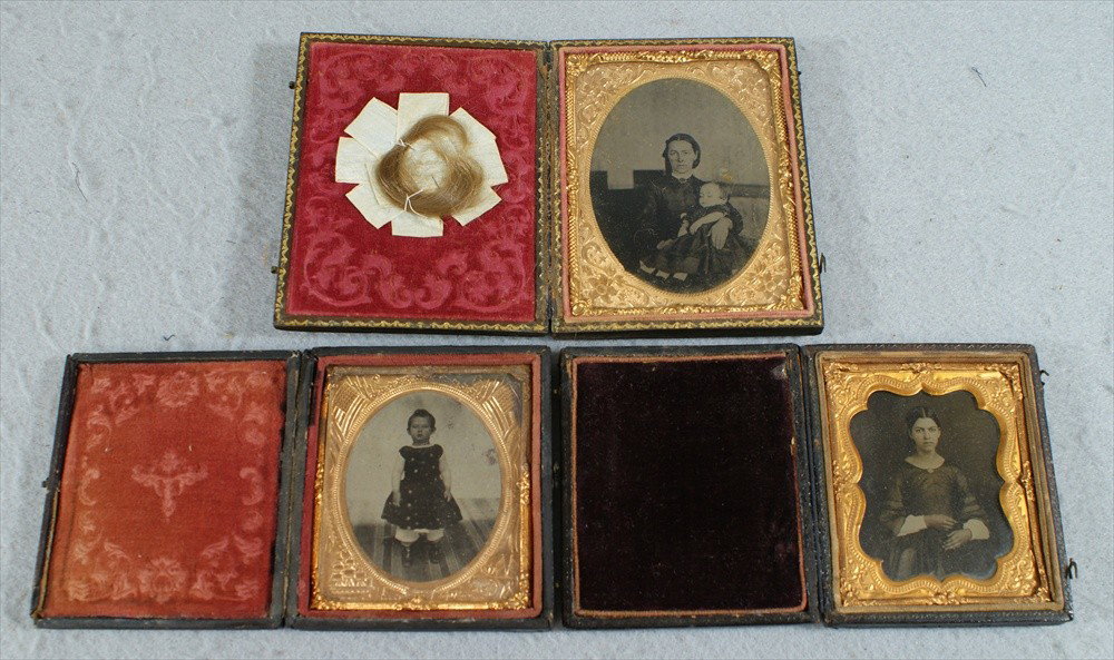 3 Tin Types, Mourning mother and dead child, with : 3 Tin Types, Mourning mother and dead child, with lock of hair, and child in dress, and young girl.