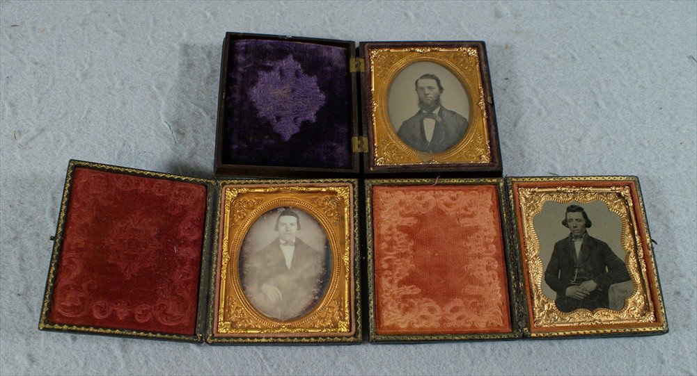 3 Early Images, Man with beard, ambrotype in Union: 3 Early Images, Man with beard, ambrotype in Union case, and handsome man, daguerreotype and man with gold pocket watch chain, tintype.