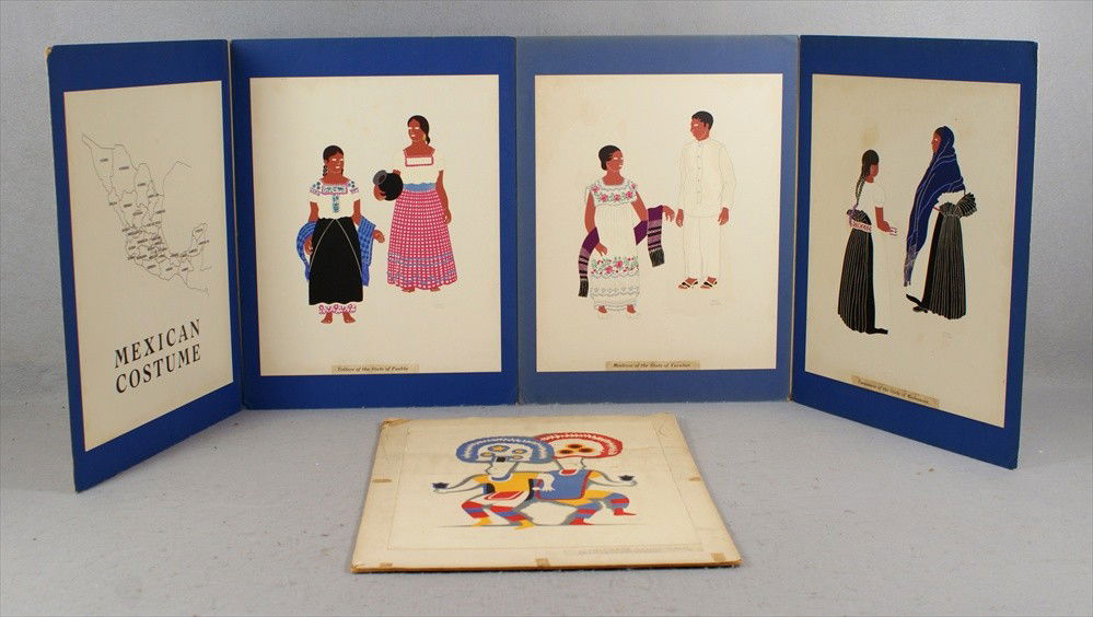 Carlos Merida, 1891-1984, Mexican Costume Design,: Carlos Merida, 1891-1984, Mexican Costume Design, 4 serigraphs, Dance of the Feather, some water staining, Toltecs of the State of Puebla, Mearrizos of the State of Yucatan, Tarascans of the State of