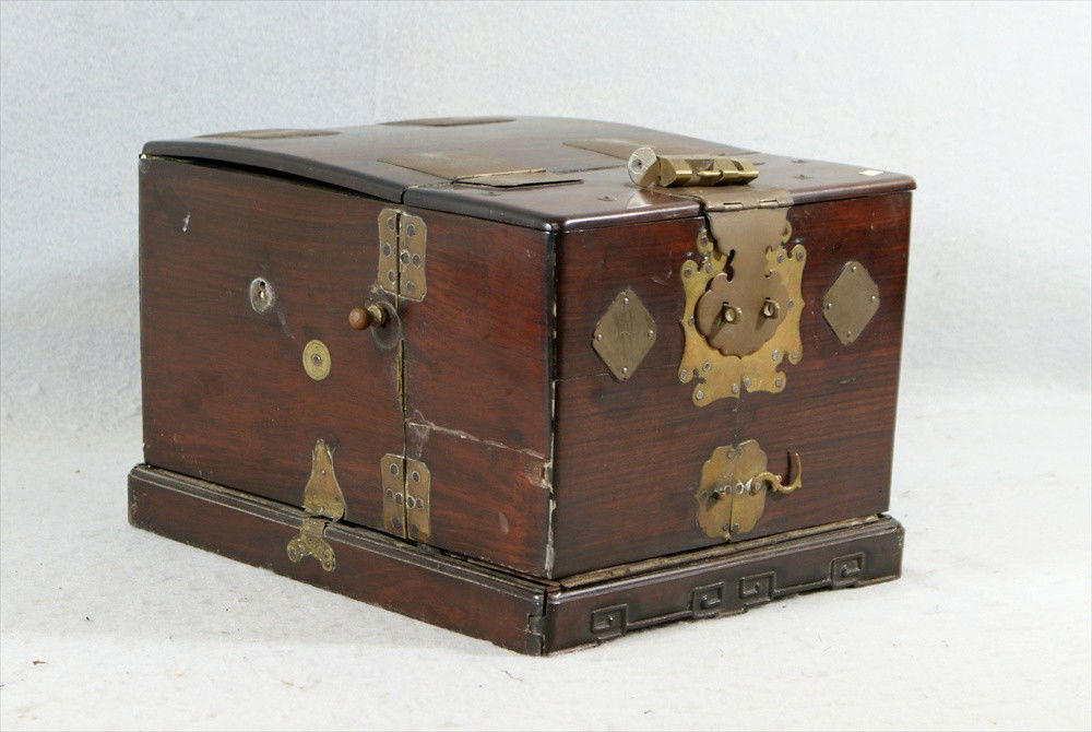 Chinese Rosewood Traveling Dresser Box, 19th C, s: Chinese Rosewood Traveling Dresser Box, 19th C, slide up mirror, 2 sides open to reveal 3 drawers over 1 long drawer, brass pulls, with lock and key, 8" h, 12" x 9-3/4", base reglued, brasses on side