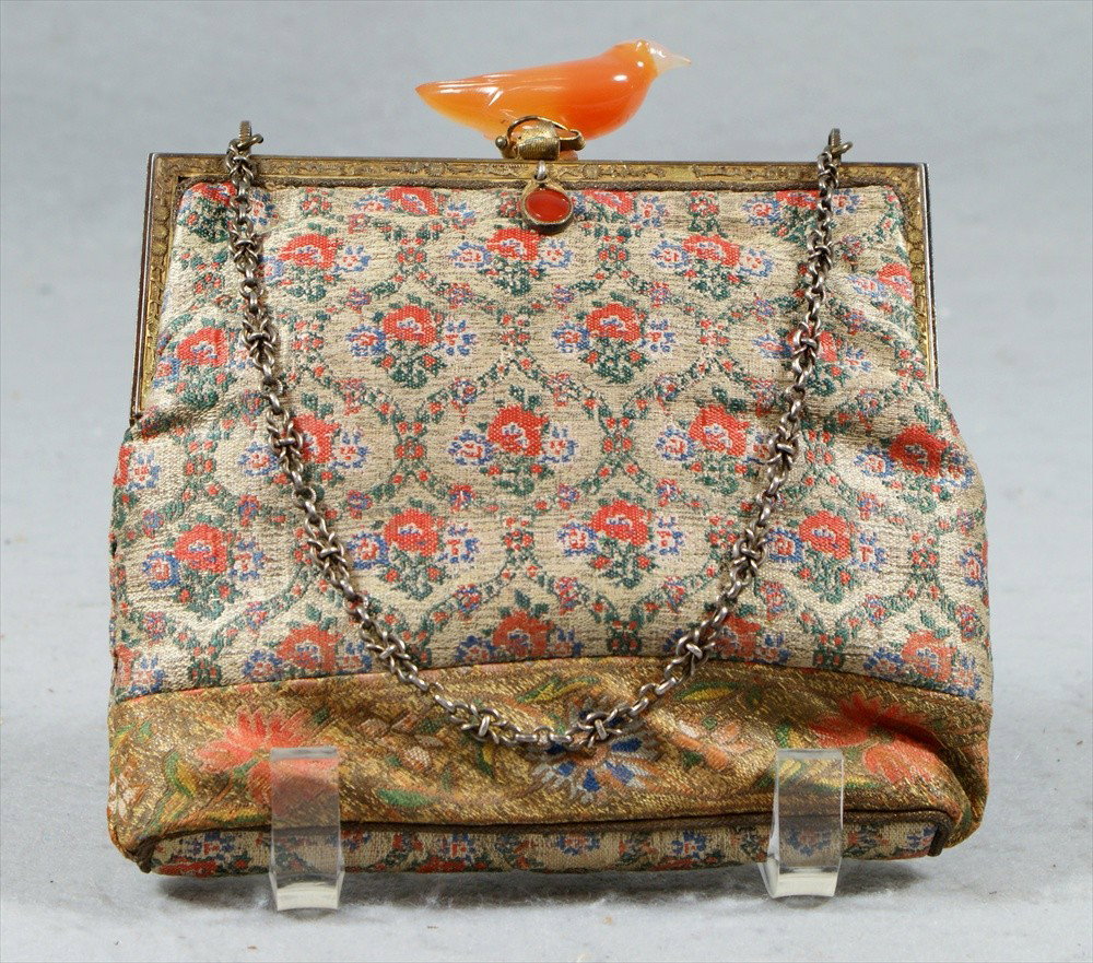 E Gauthier, Paris silk evening bag with carved car: E Gauthier, Paris silk evening bag with carved carnelian bird on clasp, signed on frame, excellent condition, 6" w, 5 1/4" h