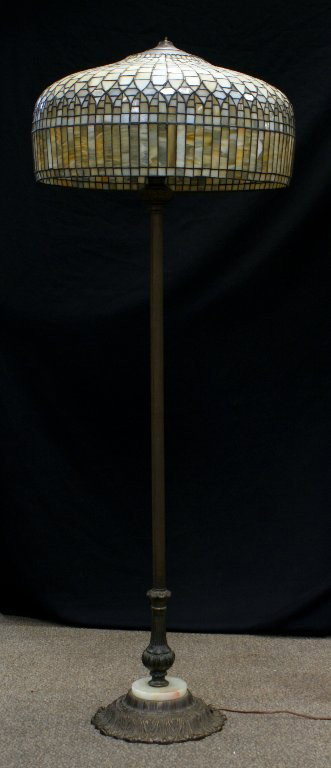 Signed Stain Leaded Glass Floor Lamp: Signed Stain Leaded Glass Floor Lamp, shade 21-1/2" diameter, 5" h, signed with an etched griffin, no finial.
