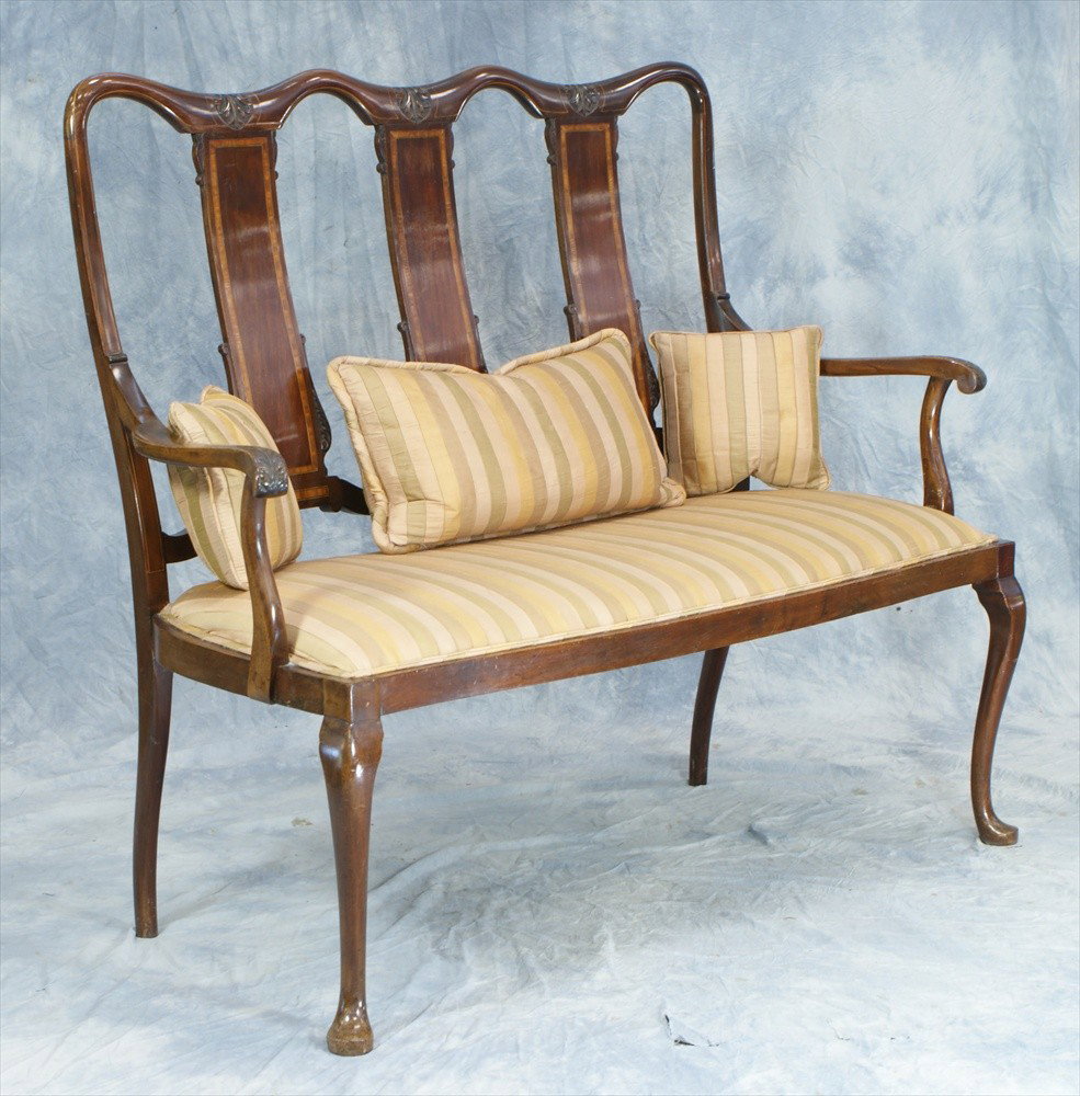 George II style inlaid mahogany triple back sette: George II style inlaid mahogany triple back settee, 41 1/2" h x 46"w