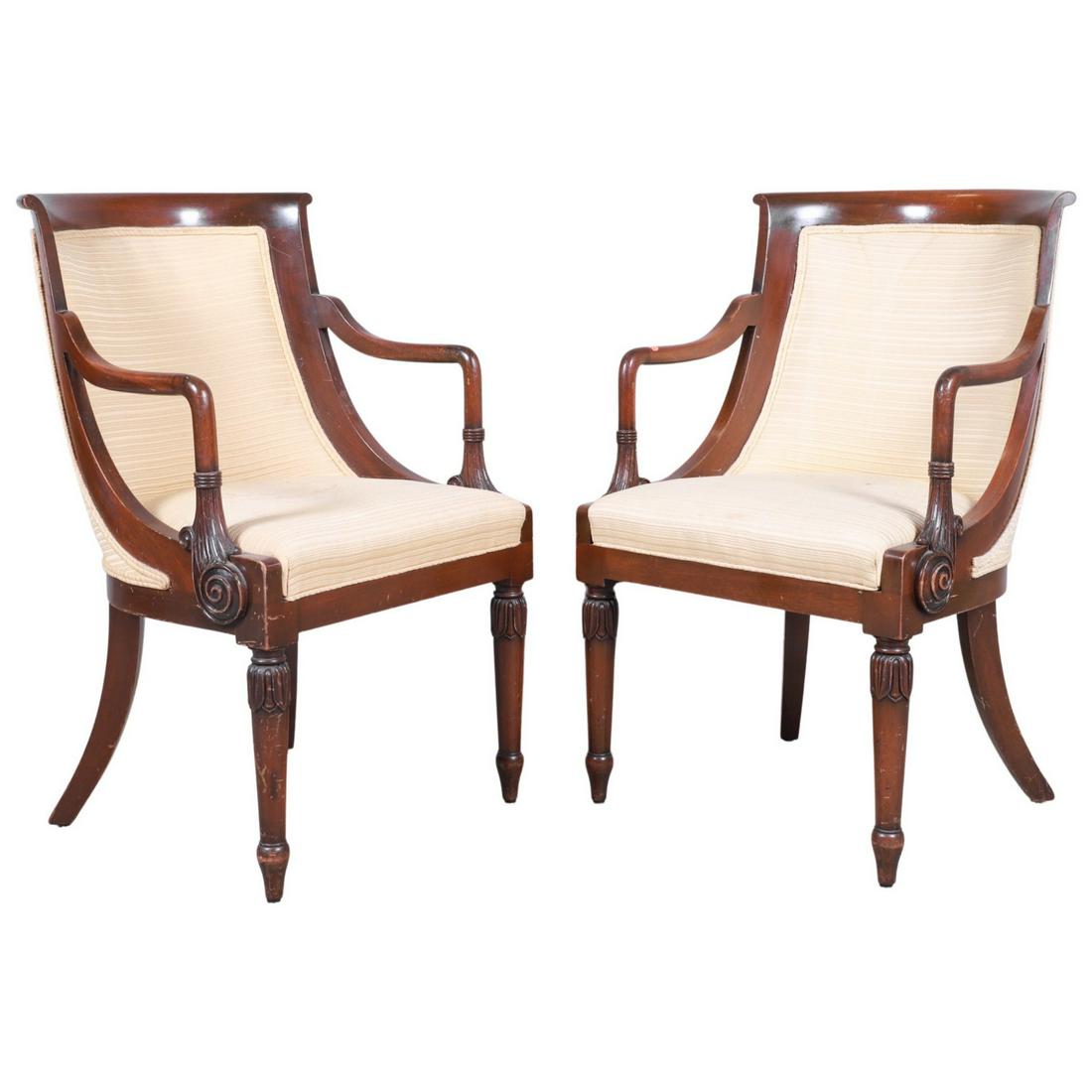 Pair Louis XV style upholstered mahogany open armchairs: Pair Louis XV style upholstered mahogany open armchairs, yellow upholstery, 36"h x 24"w x 26"d, soil to upholstery