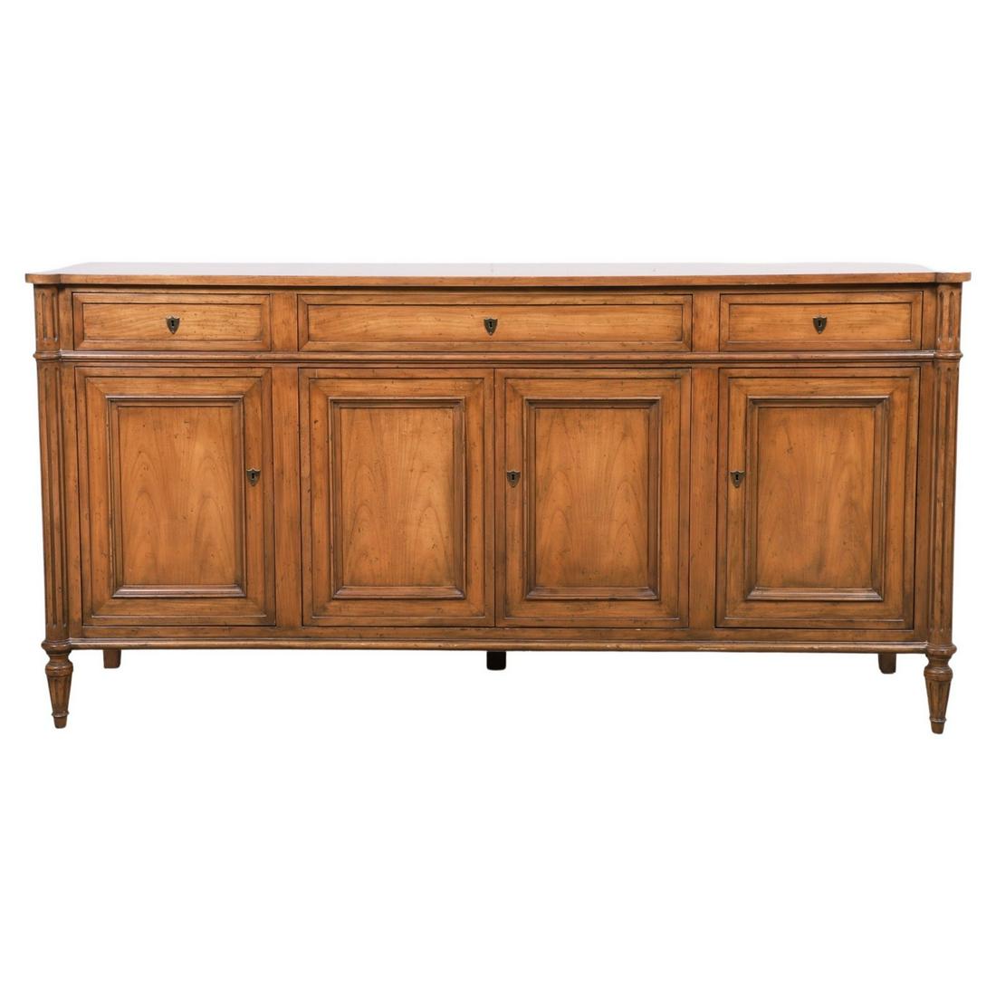 Baker paneled sideboard: Baker paneled sideboard, three drawers over 4 paneled doors, 36"h x 74"w x 20"d, Yes it has a key, and the depth at top is 18"d, body is 17-1/2"d