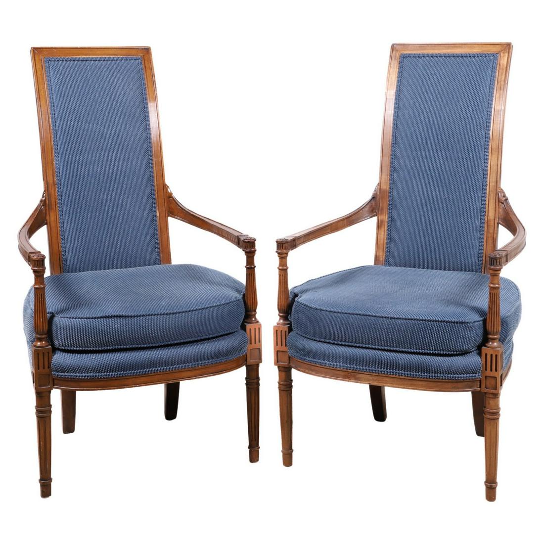 Pair Louis XVI style walnut finished open armchairs (1 of 3)