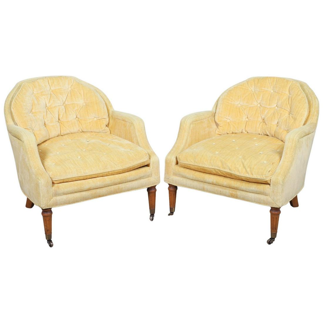 Pair Henredon Louis XVI style upholstered lounge chairs: Pair Henredon Louis XVI style upholstered lounge chairs, yellow upholstery, 28"h x 28"w x 25"d