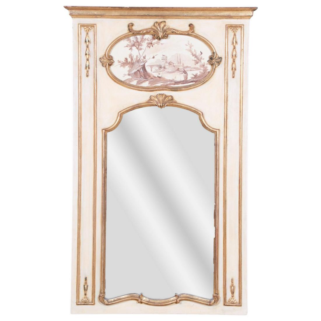 French style cream and gilt trumeau mirror: French style cream and gilt trumeau mirror, top with landscape painting, bellflower and shell decoration,54"h x 33-1/2"w, wear to paint