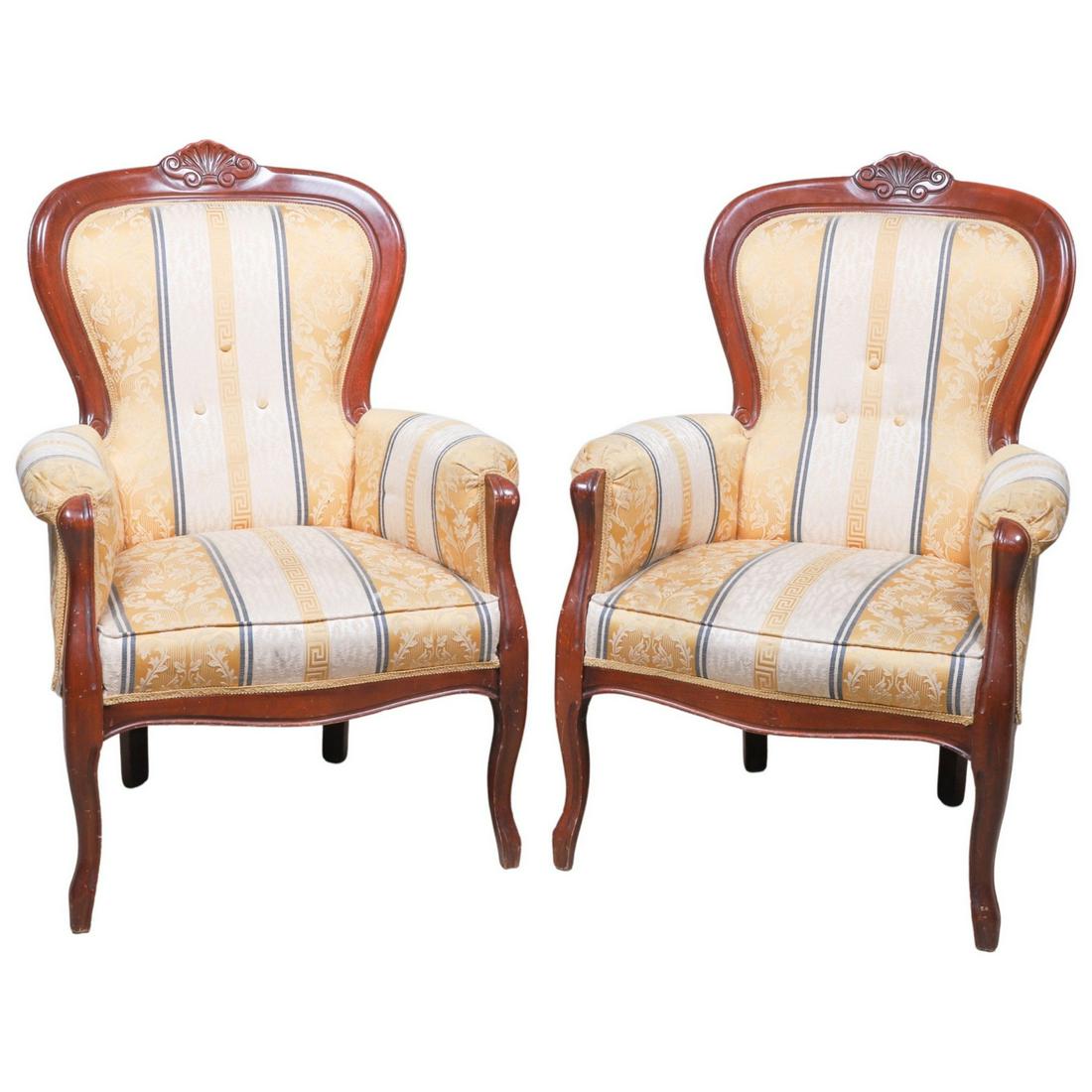 Pair Louis XV style carved mahogany upholstered armchairs: Pair Louis XV style carved mahogany upholstered armchairs, shell decoration at crest, 42"h x 29"w x 22"d
