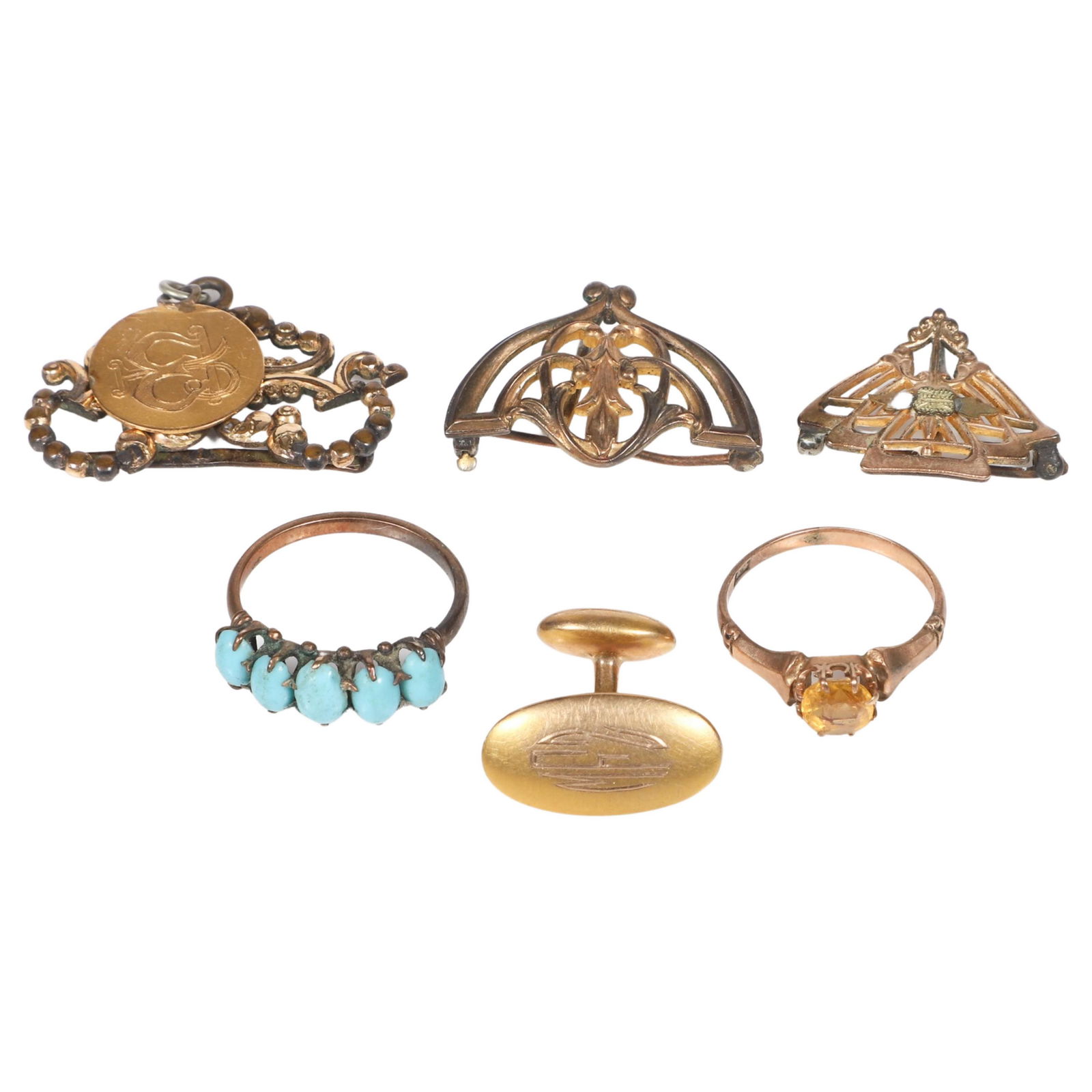 Gold and Gold Filled Group: Gold and gold filled group to include (2) 10K Victorian rings, 10K single cuff button, (3) watch pins, gold filled, (1) with coin form pendant reading United States of America with Queen Elizabeth at