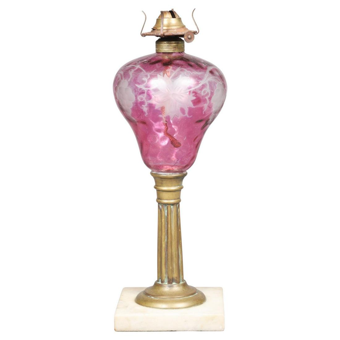 Grape and Vine Etched Oil Lamp: Grape and vine etched oil lamp, on reeded brass column with marble foot, 15"H