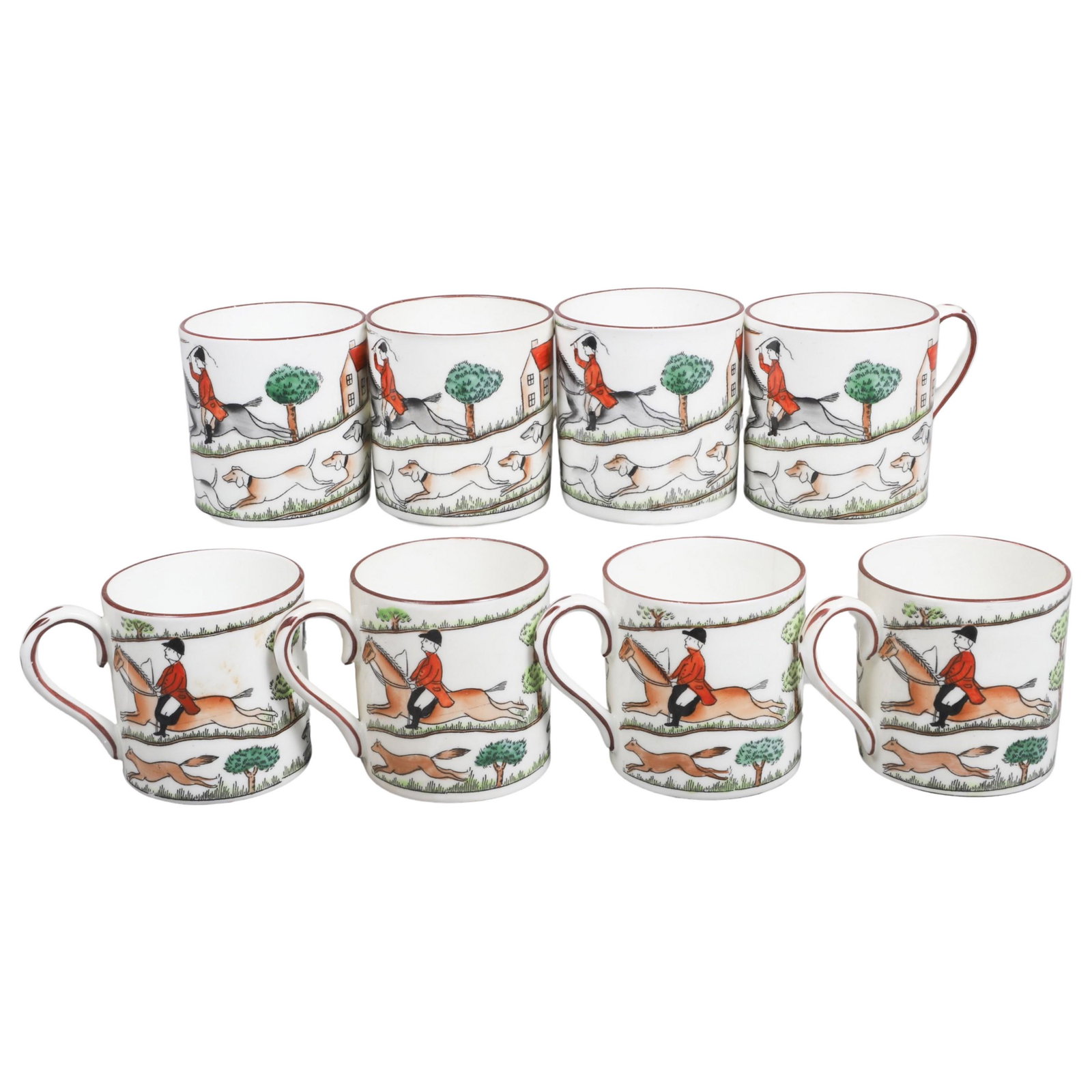 (8) Crown Staffordshire Hunting Scene Cups: (8) Crown Staffordshire porcelain Hunting Scene demitasse cups, 2-3/8" h