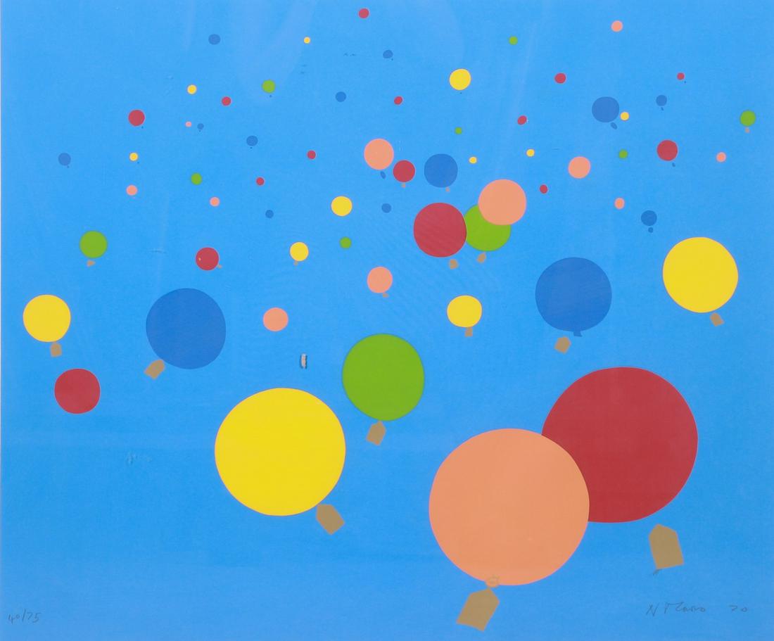 Nicholas Monro Screen Print "Balloons": Nicholas Monro (British, b. 1936) screenprint, "Balloons", silkscreen on paper, edition 40/75, mounted in kulicke frame, 26-1/2" x 30" image, framed size 37-1/2" x 42-1/4", very good condition, not in