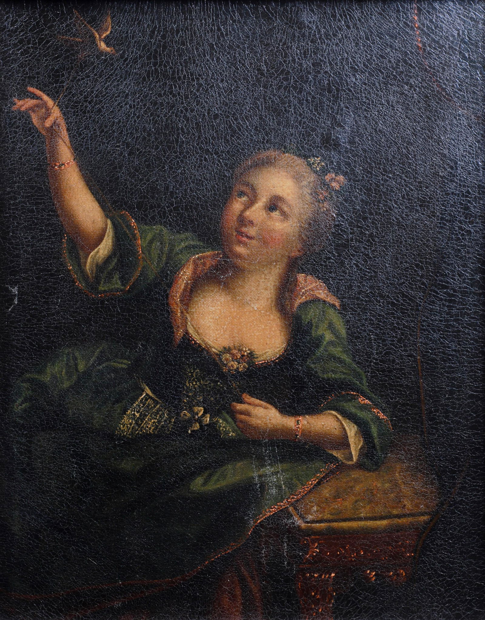 19th c Painting Girl Playing with Bird (1 of 5)