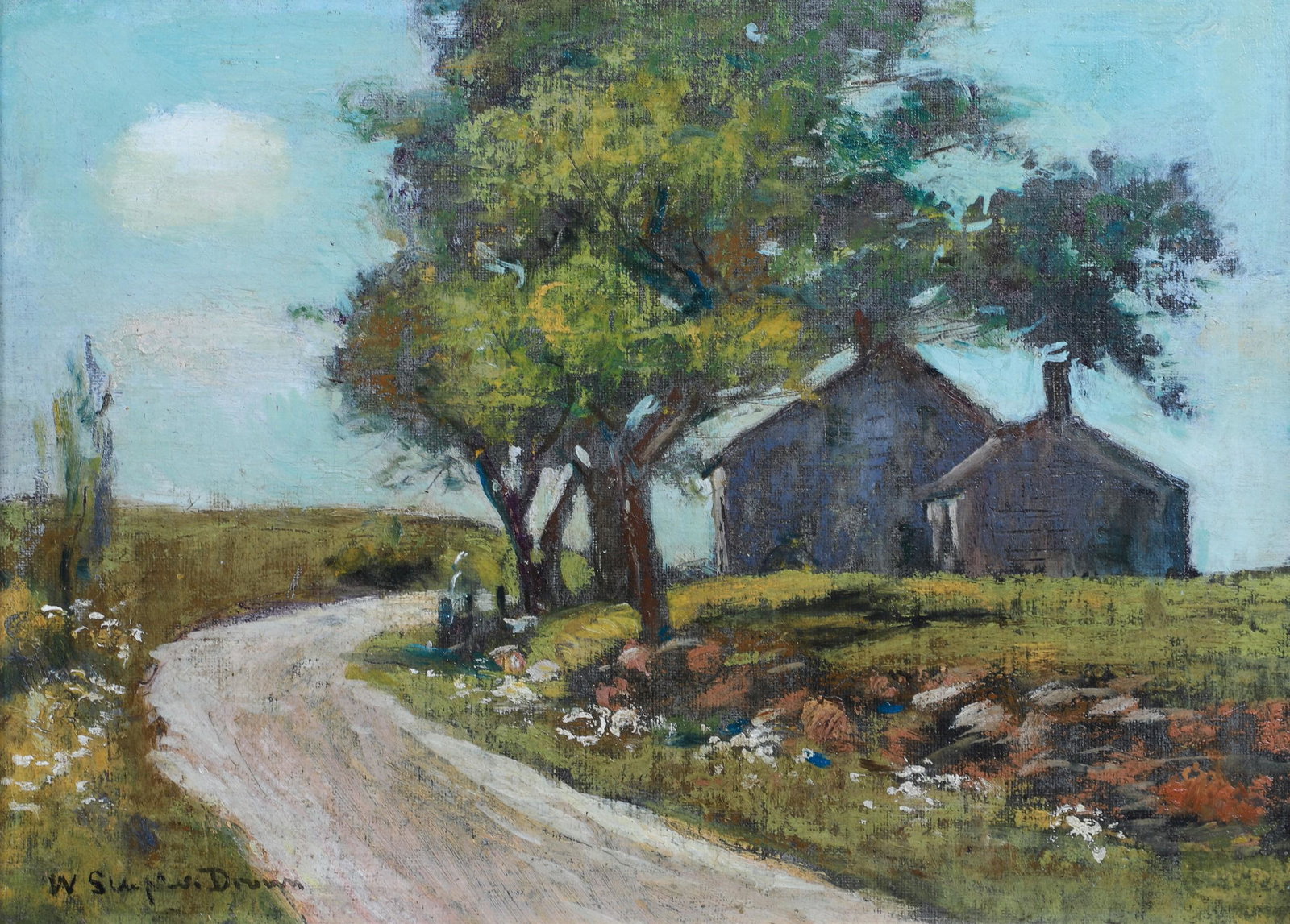Rural Landscape Painting: Rural Landscape Painting, depicting a house on a country road, oil on canvas, bears signature W Staples Drown, 11" x 15", framed 16-3/4" x 20-3/4", very good condition, professionally restored and rel