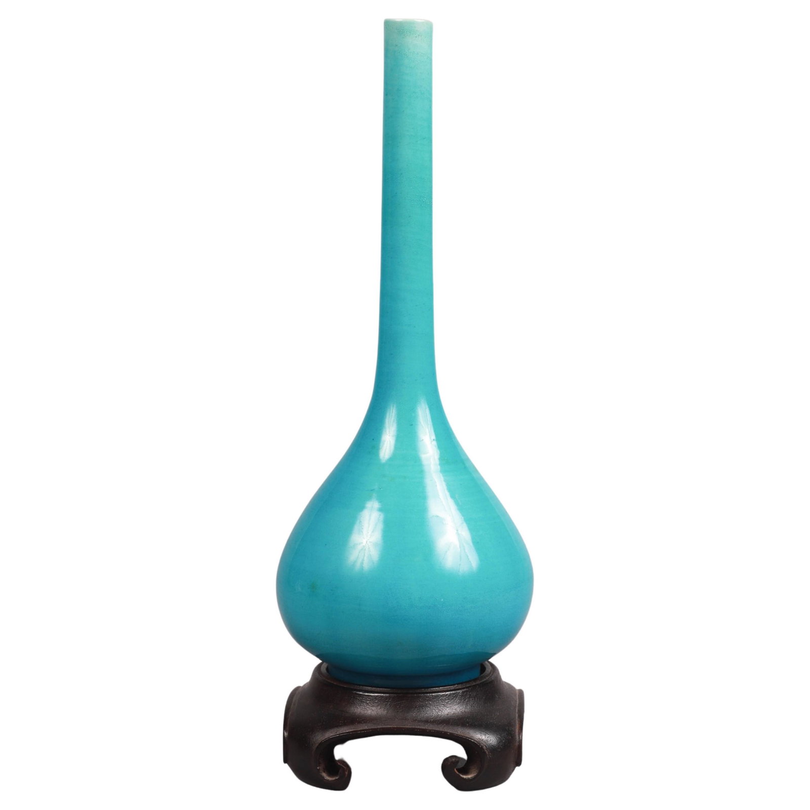Japanese Pottery Stick Vase: Japanese pottery stick vase with conforming teak wood base, 11-7/8"H when joined