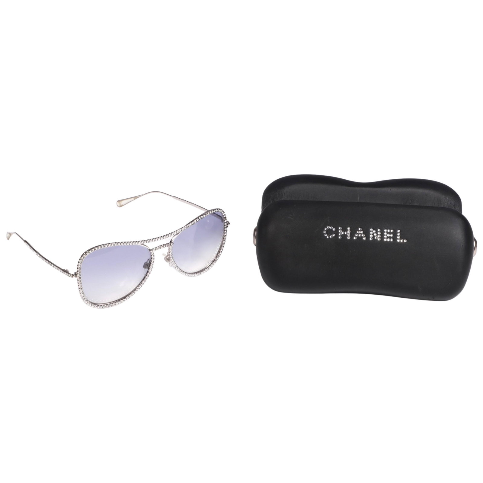 Chanel 71108 Rhinestone Aviator Sunglasses: Chanel 71108 rhinestone aviator sunglasses, in chrome with rhinestone surround, includes original case.