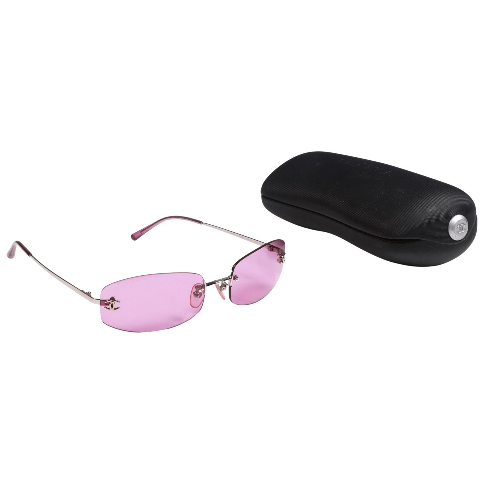 Chanel Wire Frame Rose Sunglasses: Chanel wire frame rose colored sunglasses, L4892092, interlocking CC joined arms, with case