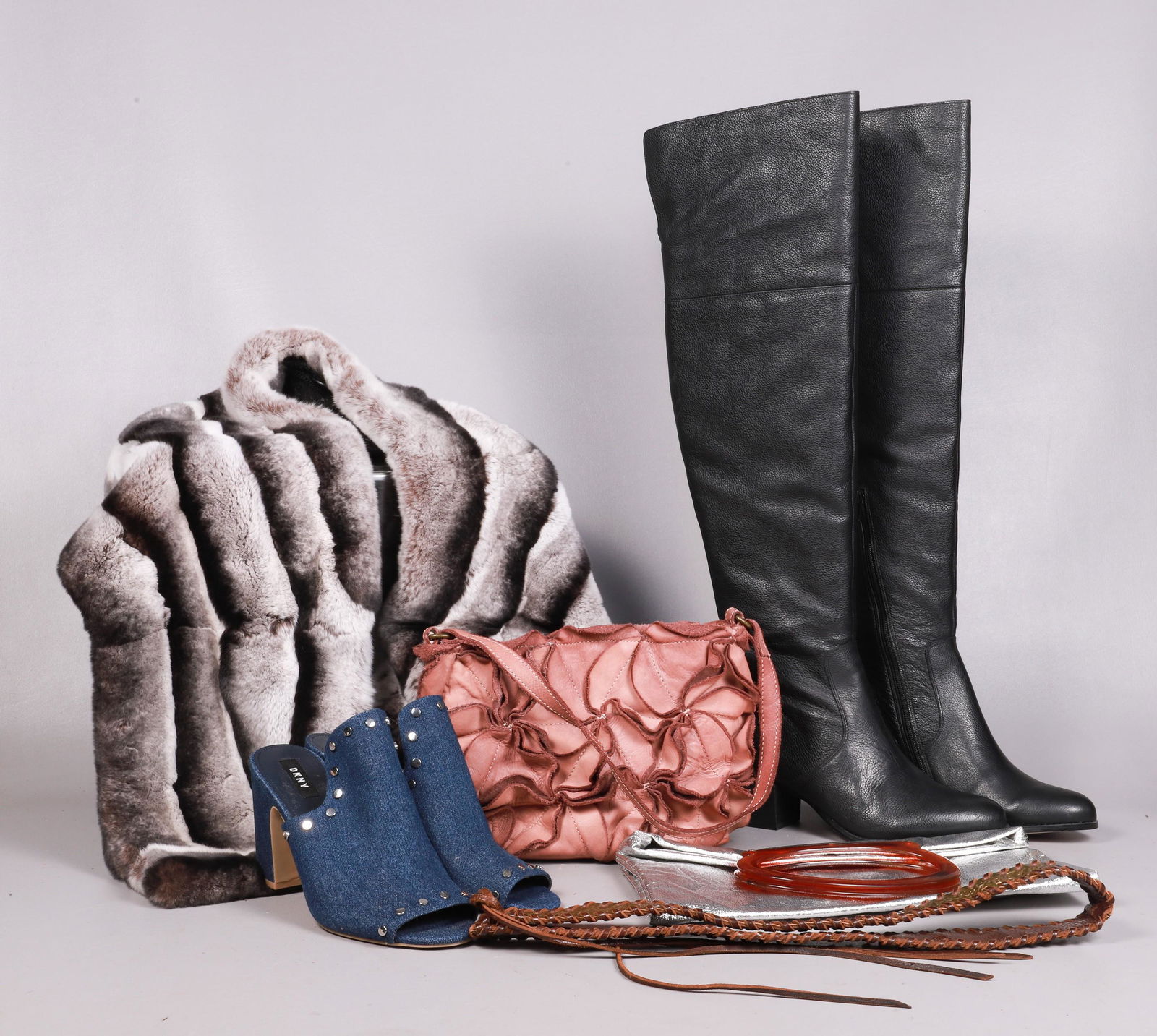 Designer Garment and Shoe Group: Designer garment and shoe group to include DKNY denim mule sandals, 9, Corso Como black leather thigh high boots, 9-1/2, unworn, fur wrap, Costanza Rota Italian leather purse, silver 60's purse and vi