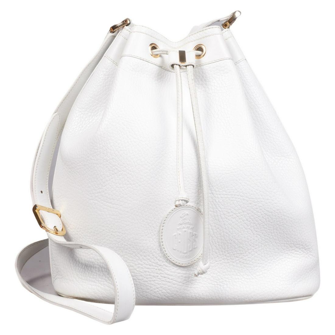 Vintage White Leather Mark Cross Drawstring Bag: Vintage white leather Mark Cross drawstring bag with gold tone hardware and original dust bag, 9-1/"H, 18" strap