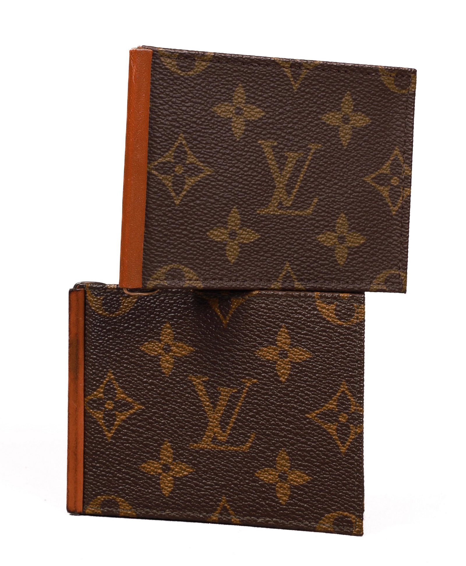 (2) Louis Vuitton Money Folds: (2) Louis Vuitton money folds, (1) stamped Saks Fifth Avenue Cowhide
