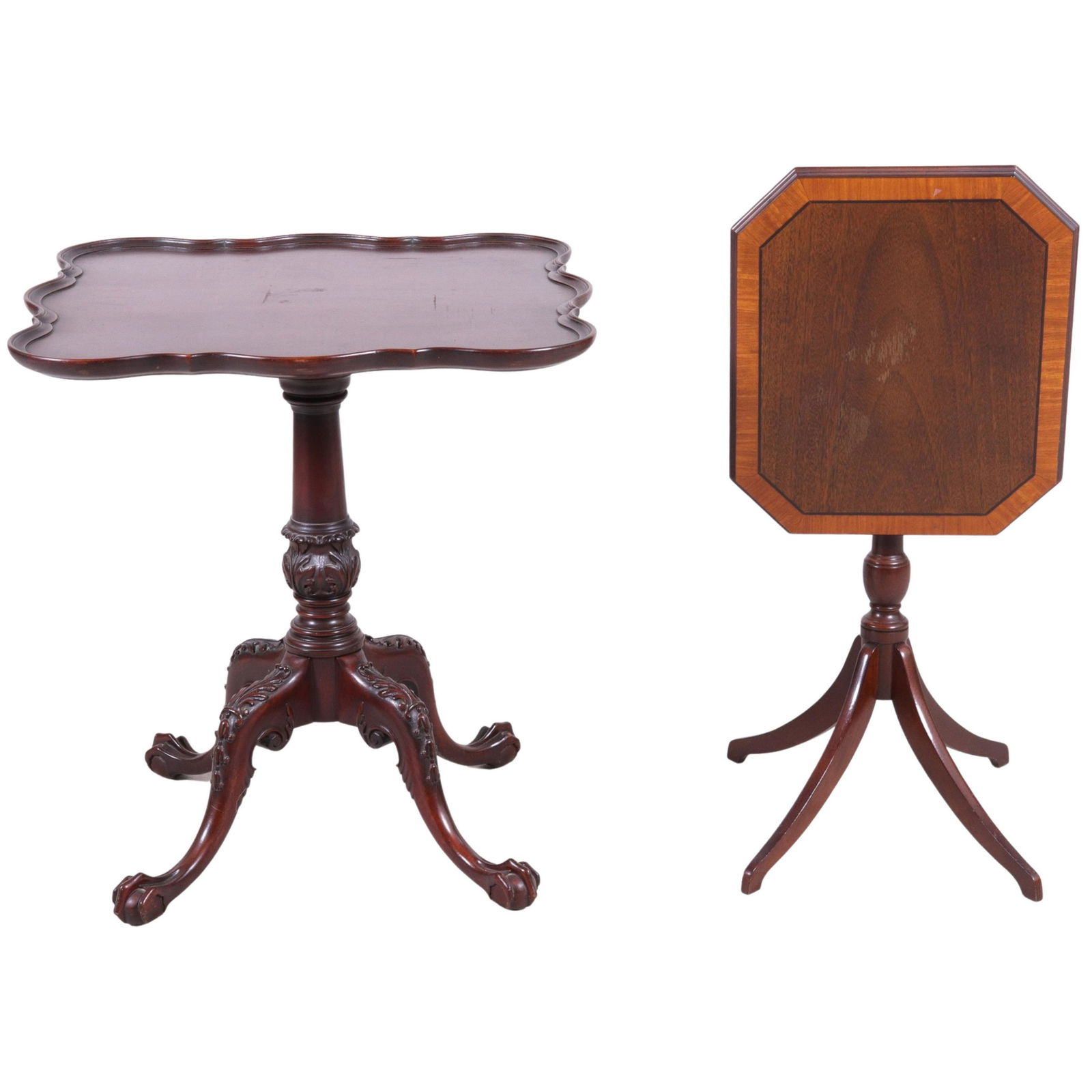 Chippendale style mahogany tea table, Federal style mahogany candle stand: Chippendale style mahogany tea table, along with Federal style mahogany candle stand, largest 29"h x 26"square