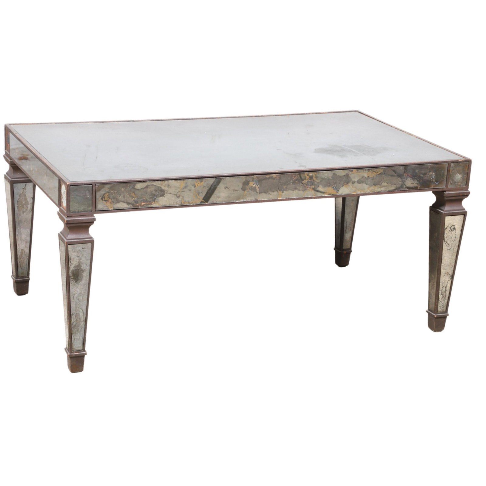 Eglomise mirrored paneled coffee table: Eglomise mirrored paneled coffee table, 18"h x 39"w x 23"d, missing some mirrored panels