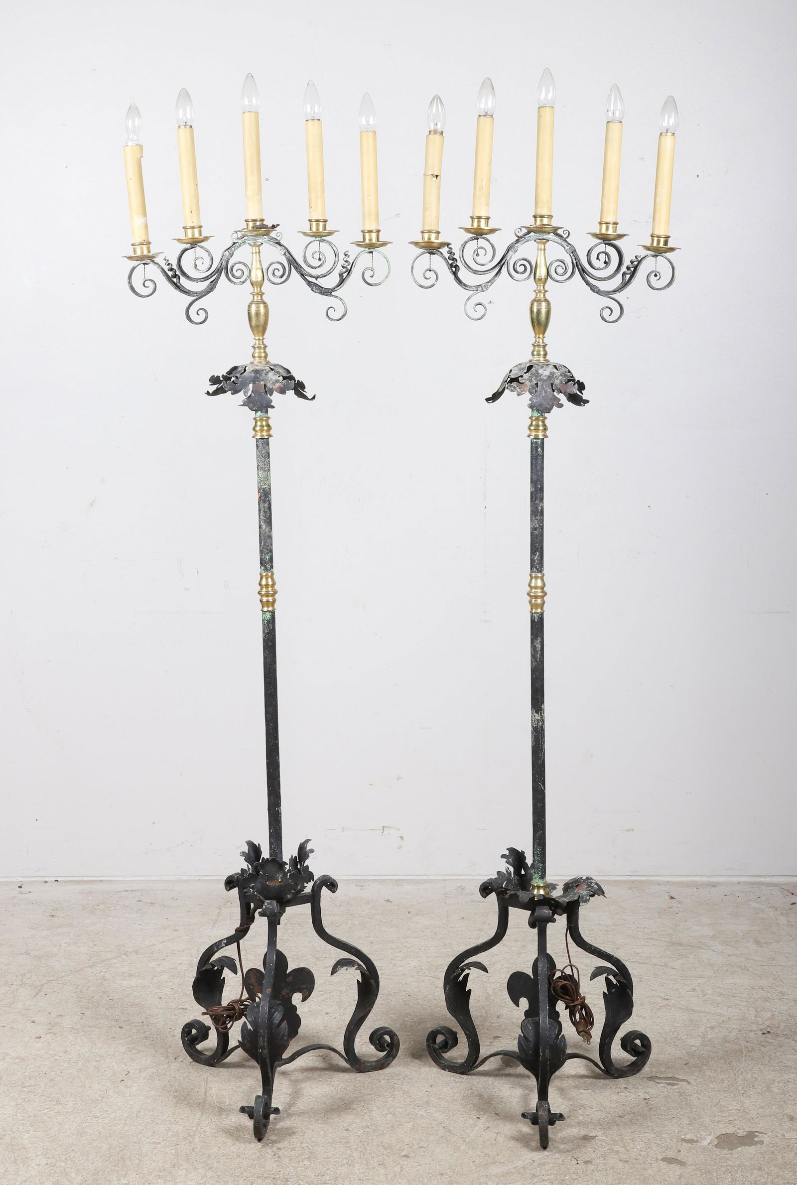Pair tole painted and brass 6 light candelabras on stands (1 of 5)