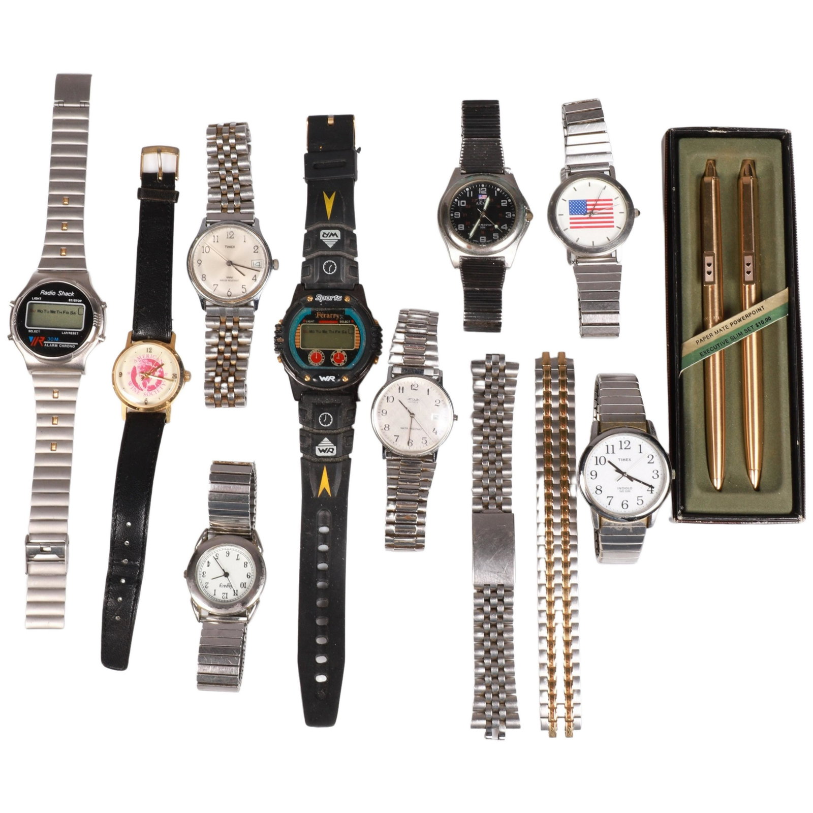 Watch and Pen Grouping: Watch and Pen Grouping to include Ferrari WR sports watch, American Wine Society watch, Marcel Watch Corp. American Flag watch, Legacy watch, Timex Indiglo WR 30M, Radio Shack watch, (2) watch bands, 