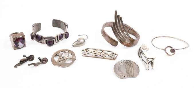 (10) Modernist Sterling Bracelets, Pins, Earrings: (10) Modernist Sterling Bracelets, Pins, Earrings to include Paul Lobel earrings, (2) MMA GSA brooches, Beau Sterling mouse pin, sterling loop clasp bangle, Beau sterling horse brooch, pierced sterlin