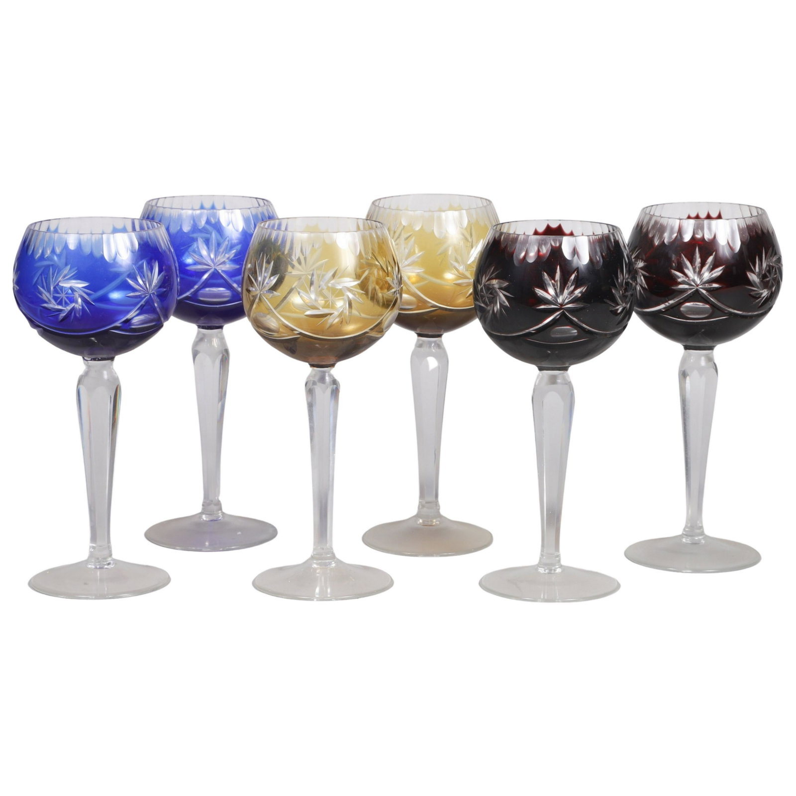 (6) Bohemian Cut to Clear Wine Goblets: (6) Bohemian cut to clear wine goblets, 7-1/2" h, c/o (2) cobalt blue, (2) amber yellow, (2) amethyst purple