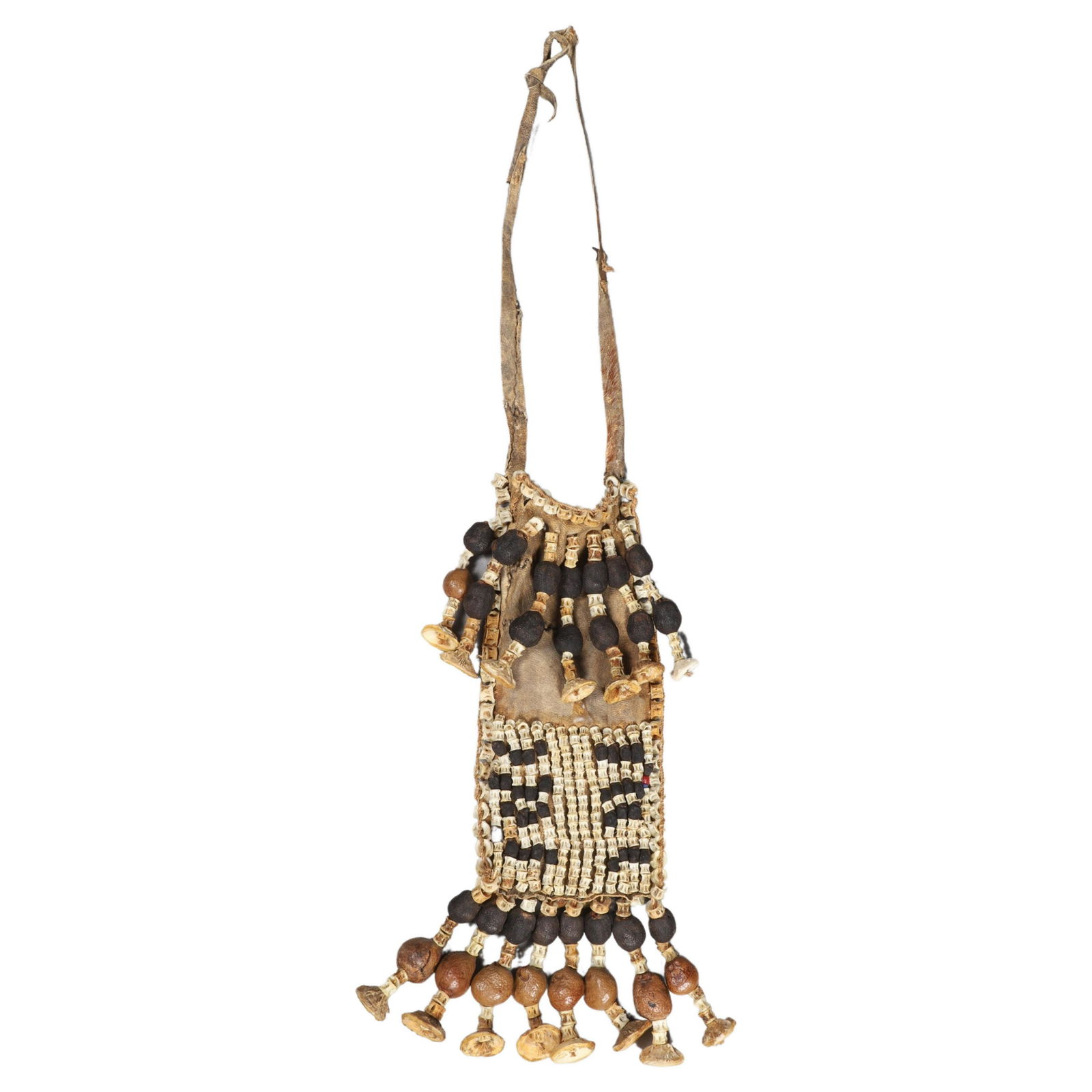 Tribal Ceremonial Necklace Breastplate: Tribal ceremonial necklace breastplate, leather backing with carved bone beads, shells & nuts, 14-1/2" l x 5" w excluding strap